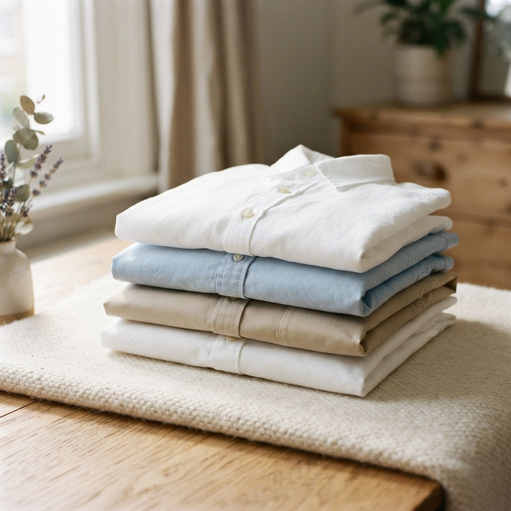 A neat stack of freshly laundered and folded shirts in white, light blue, and beige tones