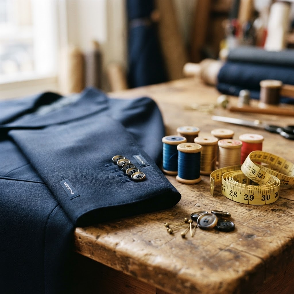 Close-up of thread, a measuring tape, and buttons beside the stitched cuff of a navy blazer