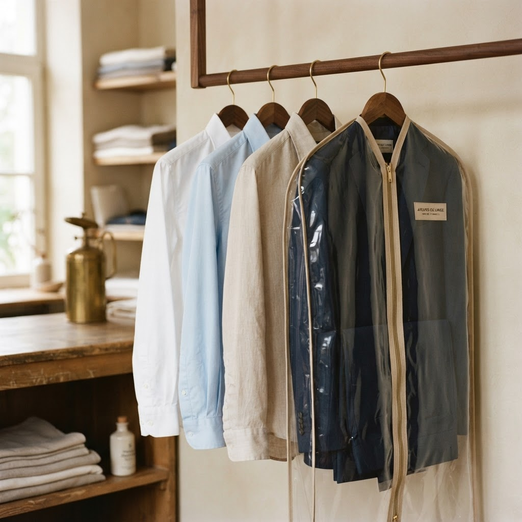 Freshly pressed shirts in white, blue, and beige beside a clear garment bag holding a navy suit on premium hangers